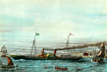 Alus a wheel la Victoria”” palvelee Boulogne sur merin ja Folkestonen välillä””” Kaiverrus 1800-luvulta. Yksityinen kokoelma