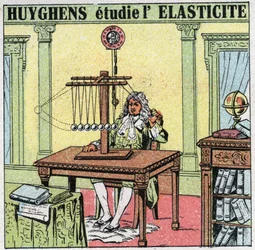 Värähtelevät liikkeet: Christiaan Huygens (1629-1695) tutkii materiaalin joustavuutta tarkkailemalla norsunluuhelmiä. Nimetön kuvitus vuodelta 1925. Yksityinen kokoelma.