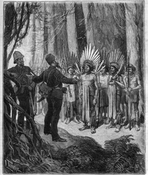 Henri Coudreaun (1859-1899), maantieteen professorin ja Intian Guyanan alueen tutkimusmatkailijan matka - hän sai roucouylaisilta kokeilta - kaiverrus vuoden 1889 "Journal des voyages" -kirjaan.