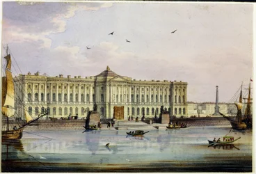 Pietarin keisarillisen taideakatemian (kuvataideakatemian) ulkokuva (Marie Taglionin albumi). (Pietarin keisarillinen taideakatemia (Marie Taglionin albumi). Anonyymi etsaus ja akvarelli, 1840-luku. Moskova, Museum Stat