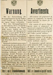 Varoitus italialaisten sotavankien pakenemisen jälkeen 16. helmikuuta 1916, jossa pyydetään Itävallan väestöä olemaan auttamatta heitä (kaiverrus