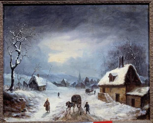 Talvimaisema. Vaunu lumisella tiellä. Anonyymi maalaus. 1800-luvun yksityinen kokoelma