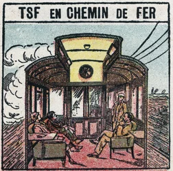 Langaton puhelin: T.S.F. junavaunussa. Anonyymi kuvitus vuodelta 1925. Yksityiskokoelma.