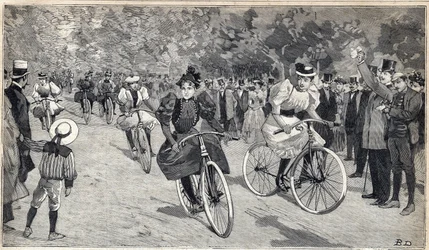 Naisten veloipedistien kilpailu Bois de Boulognessa lähellä Pariisia. Kaiverrus kirjassa "" Le Petit Parisien"" 25.6.1893.