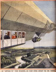 Zeppelin VII matkustajille, jotka ovat juuri tuhonneet myrskyn. Kaiverrus kirjassa "" Le petit parisien"" 10.7.1910. Yksityinen kokoelma.