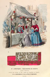 alkuun 1600-luvun lelukauppias / pohjakoriste 1500-luvun Book of Hoursista - Lelukioski