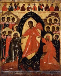 Laskeutuminen helvettiin Deesisin ja valittujen pyhien kanssa, 1300-luvun loppu.