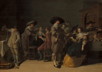 Arvoisaa seuruetta huoneessa, noin 1630 (öljy paneelille).
