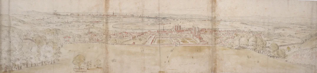 Greenwich Palace ja Lontoo Greenwich Hillistä (kynä ja ruskea muste ja akvarelli merkintöjen päällä mustalla liidulla)