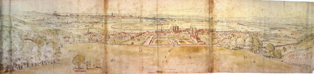 Greenwich Palace ja Lontoo Greenwich Hillistä, n. 1544 (kynä, muste, liitu ja wc paperilla)