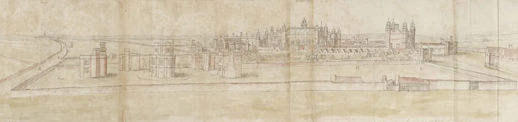 Hampton Court Palace pohjoisesta (kynä ja ruskea muste ja akvarelli mustalla liidulla)