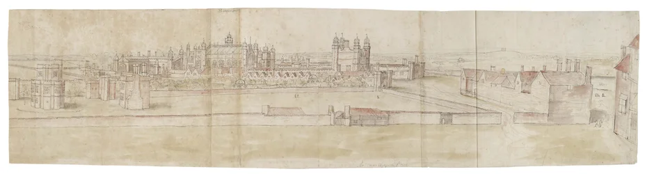 Hampton Court Palace pohjoisesta (kynä ja ruskea muste ja akvarelli mustalla liidulla)