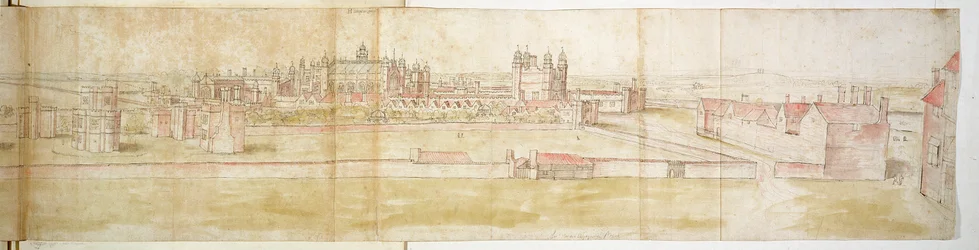 Hampton Courtin palatsi pohjoisesta, n. 1544 (kynä, muste ja wc paperilla)