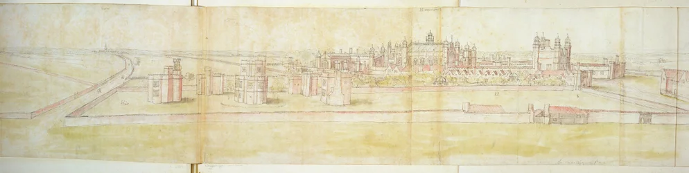 Hampton Courtin palatsi pohjoisesta, n. 1544 (kynä, muste ja wc paperilla)