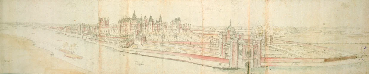 Hampton Court Palace from the River, n. 1544 (kynä, muste ja wc paperilla)