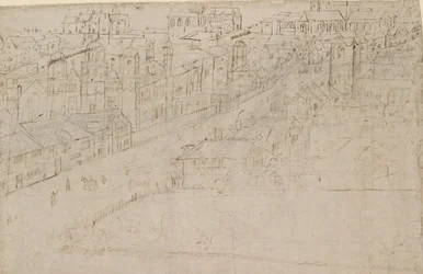 Lontoon panoraama Southwarkista nähtynä: Borough High Street St Mary Overyn kanssa, 1554