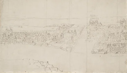 Panoraama Lontoosta Southwarkista katsottuna: Durham House - Barnards Castle (kynä ja tussi mustalla liidulla paperille): Southark Southwark: Durham House - Barnards Castle (kynä ja tussi mustalla liidulla paperille)