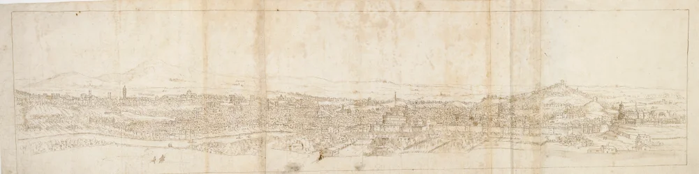 Panoraamanäkymä Roomaan Monte Mariolta, Castel S. Angelo etualalla, 1550-luku