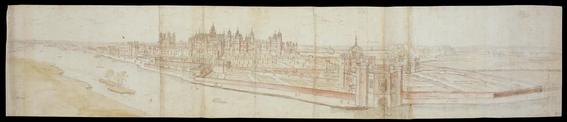 Näkymä Hampton Courtin palatsiin etelästä, etualalla joki, 1558 (tussi ja ruskea muste sekä akvarellit mustan liidun päällä).