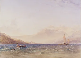 Loch Fynen pää, Dindarran linna, 1850 (wc, vartaloväri grafiitin päällä paperilla)