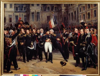 Luopuminen 1814 - "" Napoleon Bonaparten (1769-1821) jäähyväiset keisarilliselle vartijalle Cheval Blancin pihalla Fontainebleaussa 20.4.1814"" Antoine Montfortin (1802-1884) maalaus 1800-luku. 0,98x1,3 m