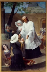 Saint Vincent de Paul (1581 - 1660) huolehtii torjunta-aineista (St Vincent de Paul Helping the Plague Ridden). Antoine Ansiaux