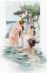 Homeren Odyssee: "Nausicaa, kuningas Alcinousin tytär ja hänen palvelijatonsa pesemässä vaatteitaan joessa" Antoine Calbetin (1860-1944) kuvitus kreikkalaisen runoilijan Homeren "Odysseia" (Homerin Odysseia) 1897 Yksityinen kokoelma