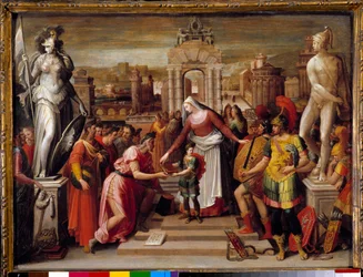 Halicarnassen kuningatar Artemise Ieren historia: "" Kirjan luovutus ja epee"" Antoine Caronin (1521-1599) maalaus 1500-luvun su. 0,51x0,67 m Beauvais, Musee departemental de l