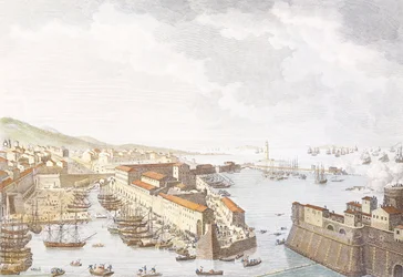 Ranskan tulo Livornoon, kesäkuu 1796, kaiverrus Jean Duplessis-Bertaux (1750-1818), piirustus Carle Vernet (1758-1836), Ranskan vallankumoukselliset sodat, Italia
