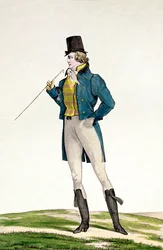 Dandy, jolla on Robinson-hattu, lapsenomaiset kiharat, neulotut housut ja ratsastussaappaat, Georges Jacques Gatinen (1773-1831) kaiverrettu Incroyable et merveilleuse -muotilevysarjan levy 5.