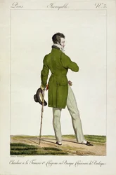 Dandy, jossa on "Francois I" -hiustyyli ja kokoelma hurmaa ja rihkamaa, levy 3 "Incroyable et merveilleuses" -muotilautassarjassa, kaiverrus Georges Jacques Gatine (1773-1831) pub