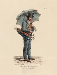 Sateenvarjo ja päivänvarjo myyjä, numero 23 Pariisin huudot -sarjasta, kaiverrus Francois Seraphin Delpech (1778-1825)