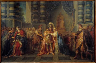 Kleopatre nielemässä myrkkyä Esitys Pierre Corneillen näytöksen I "" Rodogune" - viimeisestä kohtauksesta. Charles Antoine Coypelin (1694-1752) maalaus 1749 su. 1,3x1,95 m