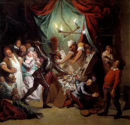 Don Quijote tuhoaa nuket, joita hän luulee maureiksi. Miguel de Cervantes Saavedran (1547-1616) ”Mielevä hidalgo Don Quijote Manchalainen”.