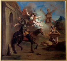 Hulluuden ajamana Don Quijote lähtee talostaan tehdäkseen itsestään vaeltavan ritarin. Miguel de Cervantes Saavedran (1547-1616) "Nerokas herrasmies Don Quijote La Manchasta". Charles Antoine Coypelin (1694-1752) maalaus vuodelta 1716. Öljy kankaalle