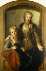 Madame Dupillen ja hänen tyttärensä muotokuva, keskivartalo, juhlapukuihin pukeutunut ikkunassa, 1733