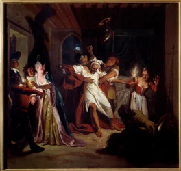 Nukkuva Don Quijote taistelee nahkoja vastaan. Miguel de Cervantes Saavedran (1547-1616) "Nerokas herrasmies Don Quijote La Manchasta". Charles Antoine Coypelin (1694-1752) maalaus vuodelta 1716. Öljy kankaalle. Mitat: 1,23 x 1,28 m. Compiegne, Musee Natio