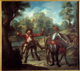 Tarina Don Quijotesta: Sancho herää ja ei epätoivoisesti löydä rakastettua Grisonia. Miguel de Cervantes Saavedran (1547-1616) "Nerokas herrasmies Don Quijote La Manchasta". Charles Antoine Coypelin (1694-1752) maalaus