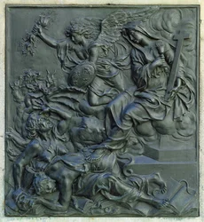 Ranskan enkeli karkottaa harhaoppisia, yksityiskohta Ludvig XIV:n patsaan jalustasta, n. 1687 (pronssi)