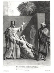 Esther rukoilee Assuerusta Amanin läsnäollessa, Jean Racinen (1639-1699) kuvitus Estheristä, kaiverrettu J.J. Coiny (1761-1809)