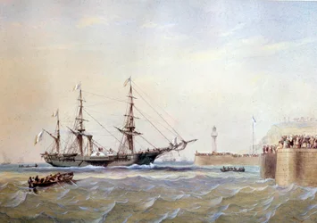 Pyörälaiva palaamassa Le Havren satamaan 1800-luvulla Antoine Desire Heroultin akvarelli (1802-1853) 1800-luvun Pariisi, Musee de la Marine
