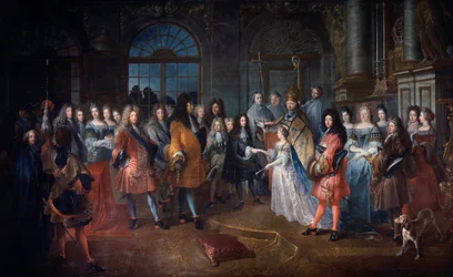 Louis de Francen Burgundin herttuan ja Marie Adelaiden avioliitto Savoylaisen 7.12.1697 Seremonia pidetään kuningas Ludvig XIV:n (1638-1715) läsnä ollessa keskellä. Nuoret naimisiin menneet ovat kardinaali de Coislinin siunauksia. Antoine Dieun maalaus (16