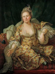 Annette Duvivier, Comtesse de Vergennesin muotokuva itämaisessa puvussa - Antoine de Favrayn (1706-1791) maalaus, öljy kankaalle (129x96 cm), 1700-luvun toinen puoli - Annette Duvivier, Comtesse de Vergennes, itämainen muotokuva Puku, oh