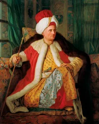 Muotokuva Charles Gravier de Vergennesistä (1719-1787) turkkilaispukuisessa diplomaatissa (Vergennesin kreivi Charles Gravier ja Ranskan suurlähettilään muotokuva, turkkilaisasuinen) - Antoine de Favray (1706-1791) maalaus, öljy kankaalle