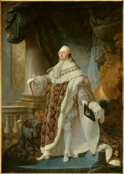 Muotokuva en pied du roi de France Louis XVI (1754-1793), yllään suuri kuninkaallinen puku vuonna 1779 Antoine Francois (Antoine-Francois) Calletin (1741-1823) maalaus 1779 Dim. 2,7x1,89 m - - Ranskan kuninkaan Ludvig XVI:n (1754-1793) muotokuva hänen koro