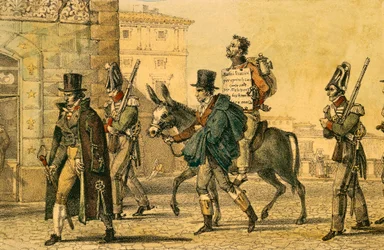 Rangaistus, joka sisälsi aasin selässä kulkemisen kaduilla, litografia Jean-Baptiste-Antoine Thomas (1791-1833) Un-Roomasta