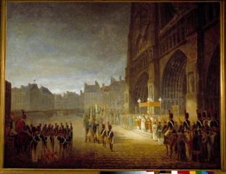Lippujen siunaus Cathedrale Notre Dame de Parisin aukiolla vuonna 1804 Antoine Jean Grosille (1771-1835) kuuluva maalaus 1800-luvun su. 1,1x1,46 m Pariisi, Musee Carnavalet