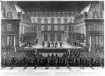 Edustus Versaillesin linnan marmoripihalla Jean Baptiste Lullyn (Giovanni Battista Lulli) (1632-1687) "Alcestea" Franche Comten (1674) elpymisen kunniaksi annetuissa juhlissa. Le Pautren kaiverrus (16
