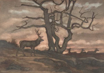 Hirvi ja puu auringonlaskua vastaan, 1810-75.
