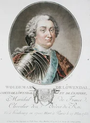 Woldemar de Lowendal (1700-55) 1787, teoksesta "Muotokuvia suurista miehistä, maineikkaista naisista ja ikimuistoisista Ranskan kohteista", kaiverrus Roger, julkaistu 1787-92 (värilitho)